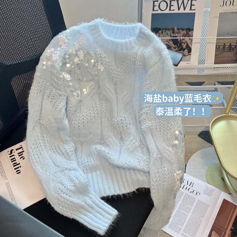 Lazy style blue sequined twist sweater women's 2022 autumn new style foreign style loose and thin gentle pullover sweater