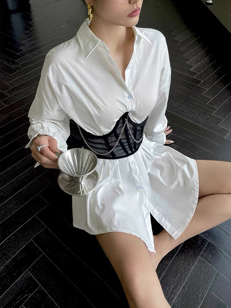 Well also rose red long-sleeved shirt dress women's summer high waist slim short skirt mesh fishbone corset