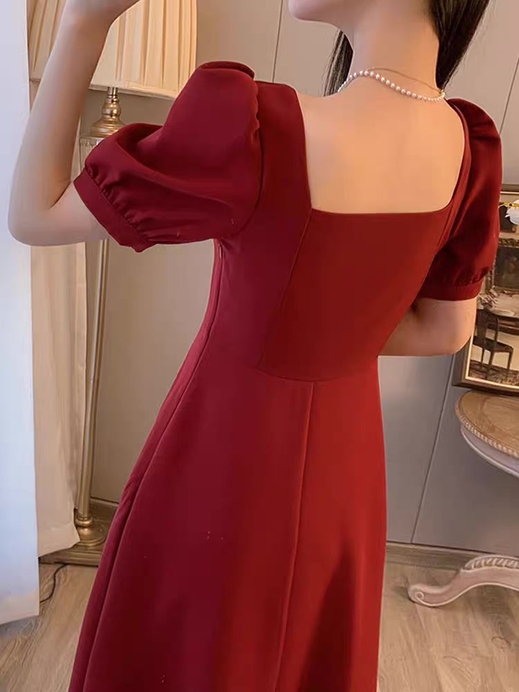 Red Dress Women 2022 Summer New Square Neck French Retro Temperament Slim  Long Dress Puff Sleeve Engagement Dress