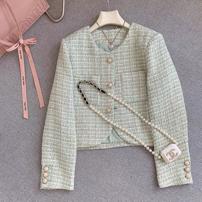 CHICROOM green small fragrance coat women's spring and autumn small round neck tweed woven thin short top