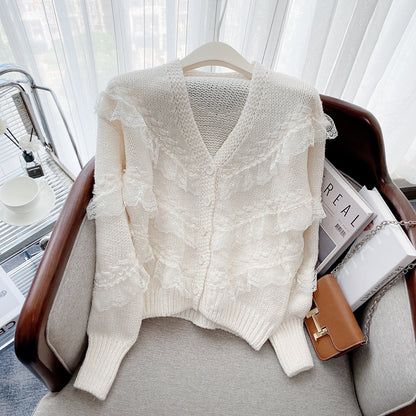 French lace stitching V-neck knitted cardigan 2022 autumn and winter new short design sweater super fairy top women