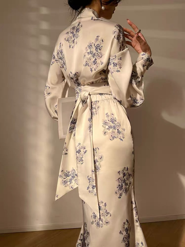 Aconiconi｜Yunxi Freesia Two-piece set of French retro temperament printed top and elegant fishtail skirt