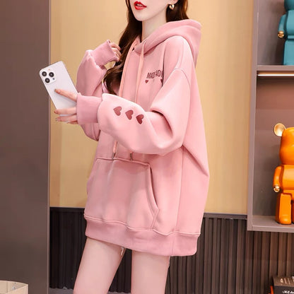 Fleece and thickened hooded sweater jacket women's 2022 new autumn and winter hot styles foreign style age reduction loose design tops