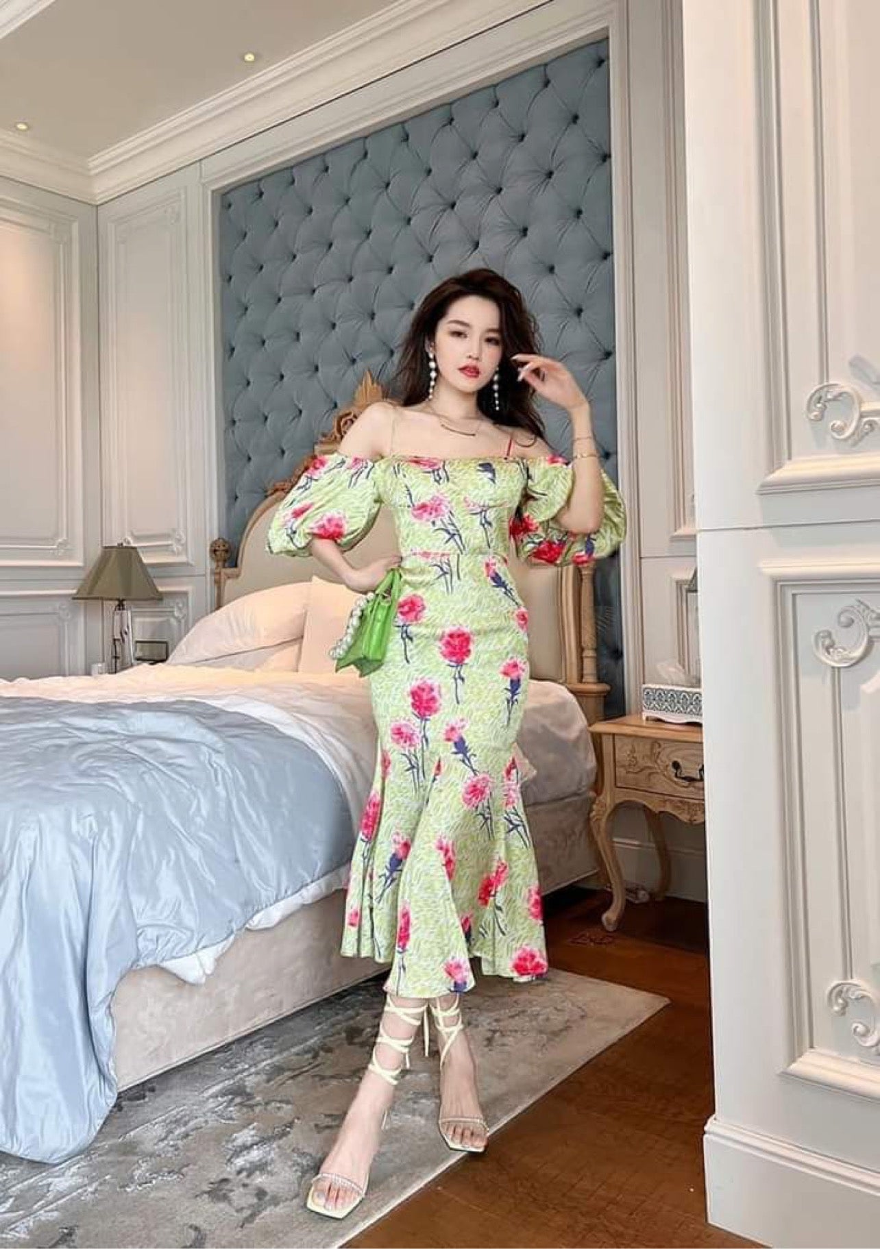 European station one-shoulder puff sleeve fishtail acetate dress summer 2022 new high-end long floral suspender skirt