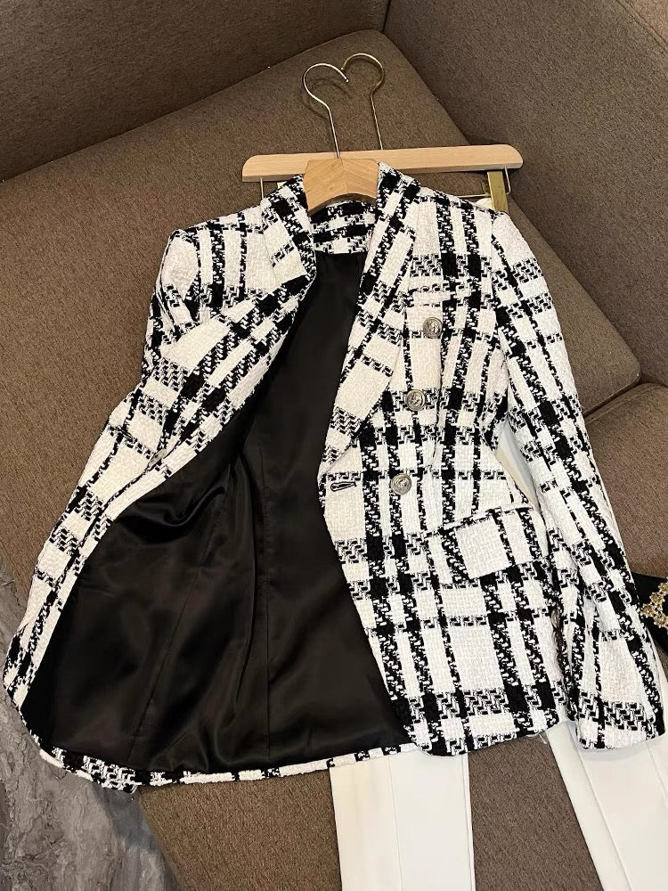 Korean version of the plaid jacket high-quality texture short casual suit workplace temperament high-end waist women's suit 6449