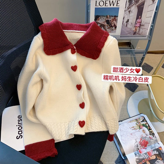 Red and white design sense color doll collar sweater women's autumn and winter sweet and age-reducing thick love button sweater