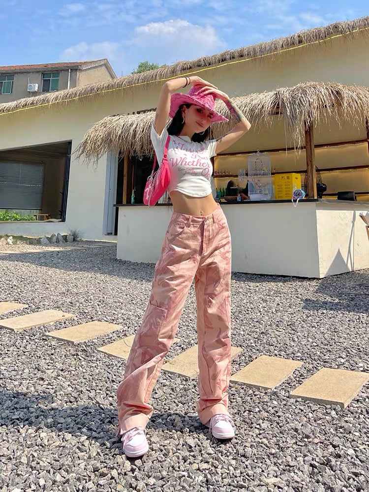 Wild zero pink camouflage pants female summer American retro niche tide high waist was thin wide leg casual straight pants