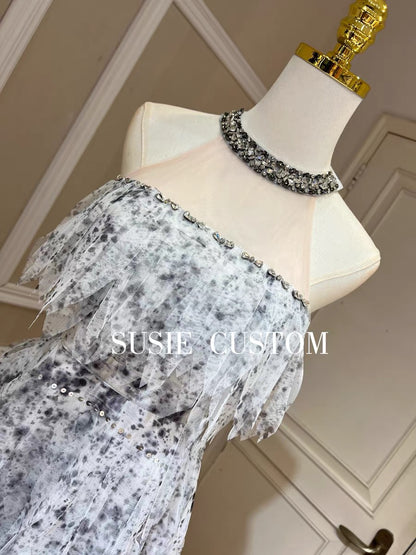 High custom heavy industry rhinestone decoration halter neck mesh tassel slim waist tutu skirt ink printing dress skirt