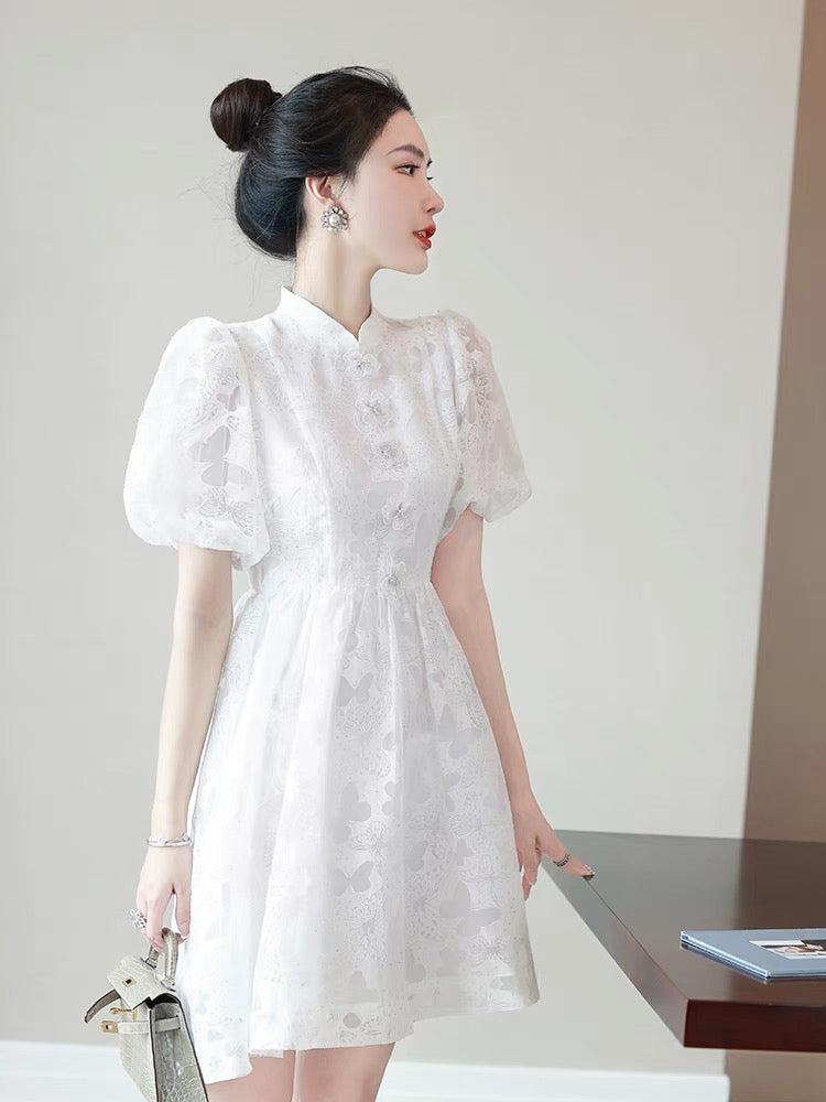 Sweet temperament puff sleeve dress summer girl 2022 new skirt new Chinese style white butterfly waist tutu skirt