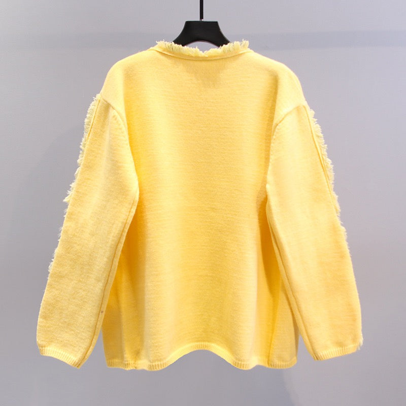 Small fragrance style high-quality fringed yellow sweater jacket women's 2023 spring new loose lazy style knitted cardigan