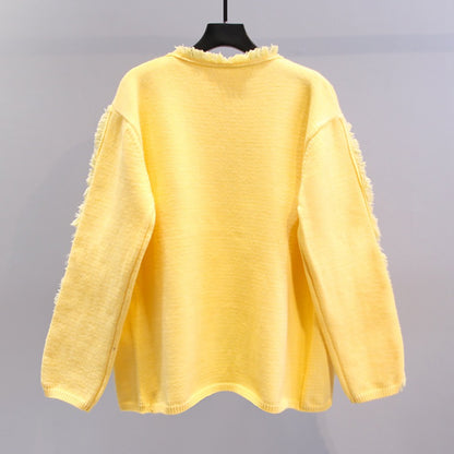 Small fragrance style high-quality fringed yellow sweater jacket women's 2023 spring new loose lazy style knitted cardigan