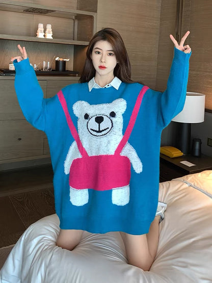 Cute bear blue sweater women's loose Korean style fashion age-reducing outer wear pullover mid-length autumn and winter