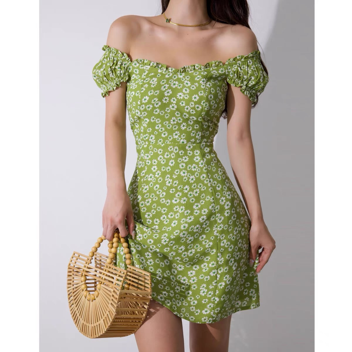 French fresh girl elastic one word shoulder waist slim dress female summer green pastoral floral A-line skirt