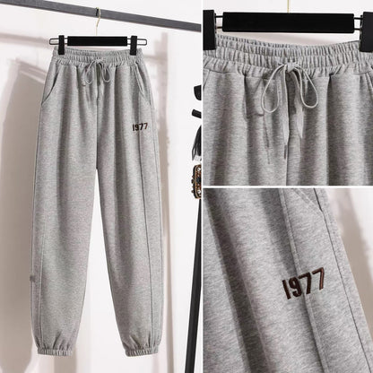 Grey plus velvet casual pants elastic waist autumn and winter 2022 Korean version embroidered small man is thin and loose leggings sports pants