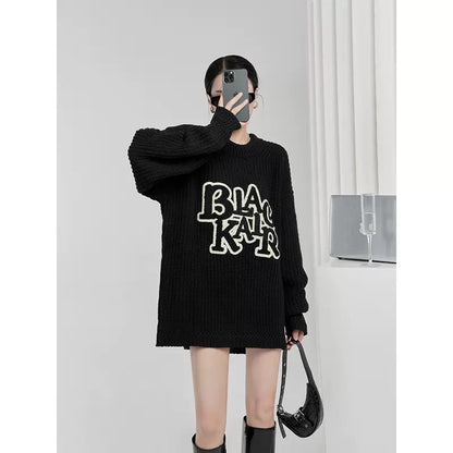 LLL LAB / high-end super good-looking sweater loose and lazy style letter hollowed out early autumn design sweater black 1646