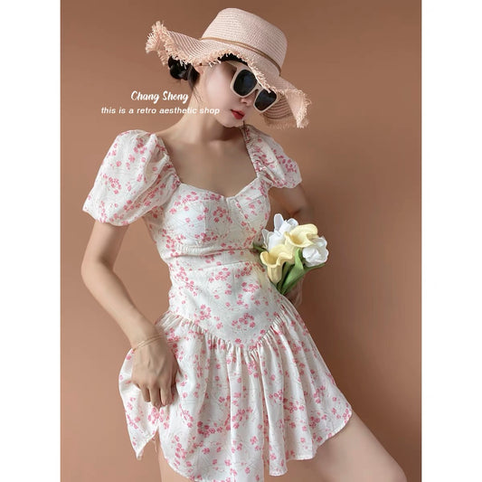 (Pre-Order)Peach Blossoms Floral Dress Sweet Babes Sexy Corset Waist Floral Culottes