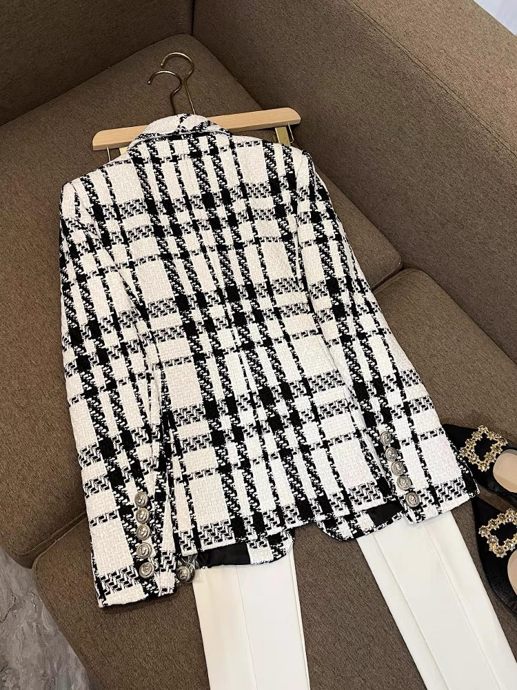 Korean version of the plaid jacket high-quality texture short casual suit workplace temperament high-end waist women's suit 6449