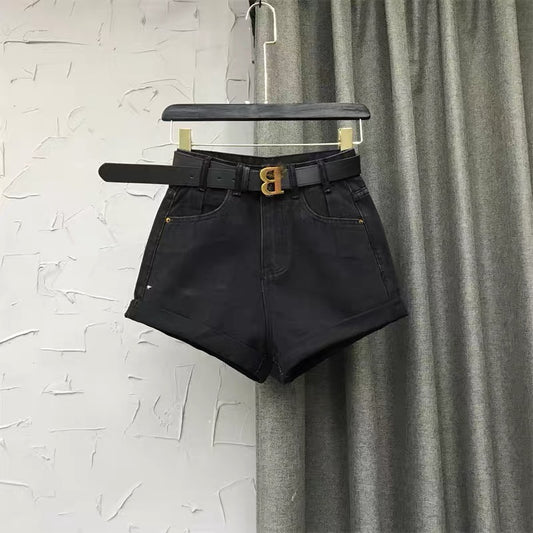 Korean version of women's 2022 autumn new black high-waisted wide-leg pants personality curling A-line hot pants denim shorts W145