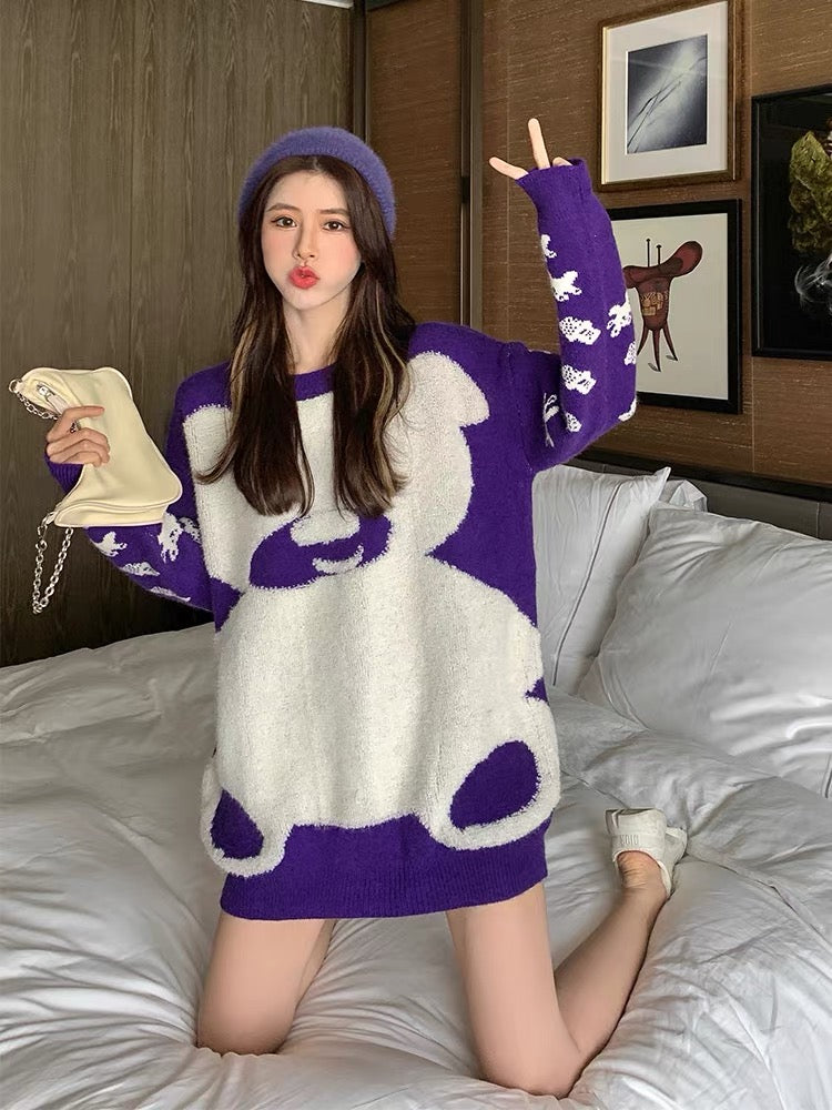 Purple sweater women's lazy high-end super good-looking bear jacquard top autumn and winter French niche chic knitted sweater