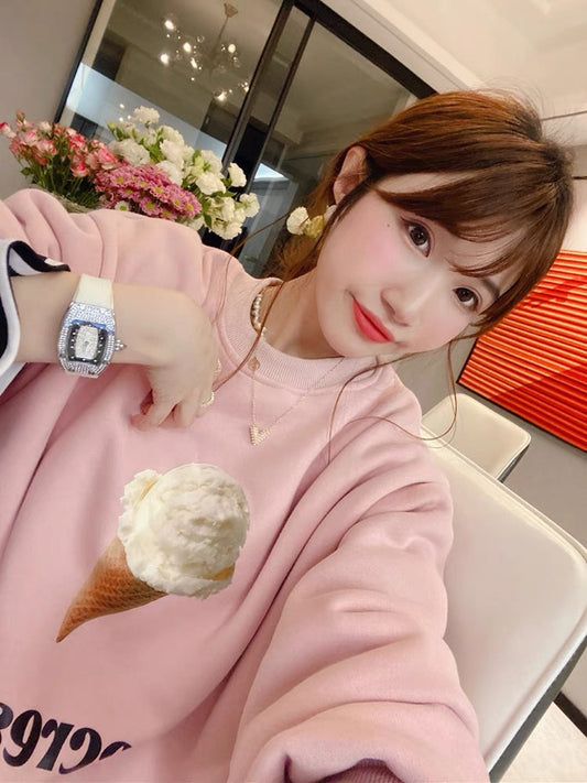 JENNIFER JXLIU Korean winter ~ Western pink ^ ice cream print pattern plus velvet loose sweater