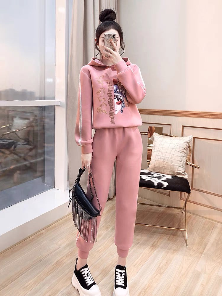 Pink Two-Piece Pants 2022 New Women's Autumn Western Style Fashionable Sweater Casual Fashion Sports Suit