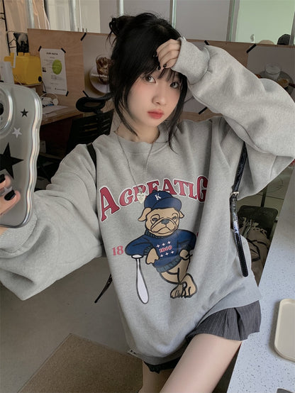 Hong Kong-style American retro cartoon print round neck sweater women's autumn mid-length loose and lazy gray long-sleeved top