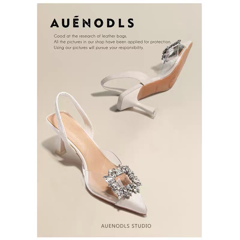 AUENODLS nude apricot transparent square buckle back empty stiletto toe sandals professional interview pointed high-heeled shoes women