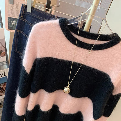 Black powder contrast color Korean style lazy style striped sweater women's 2022 autumn and winter wear new gentle loose knitted top