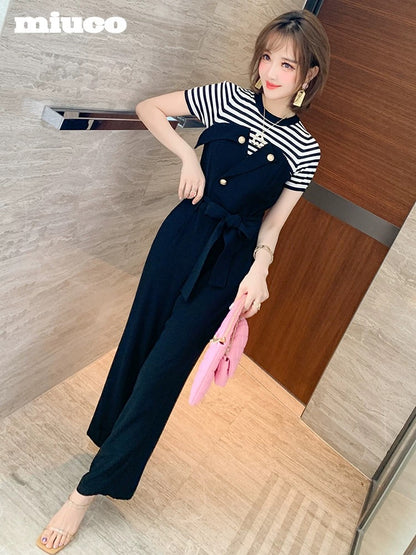 miuco temperament striped stitching belt waist cover meat thin straight jumpsuit women's 2022 summer new