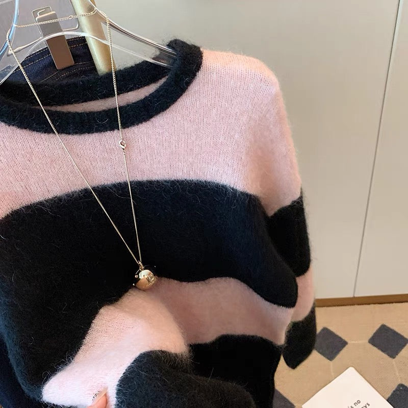 Black powder contrast color Korean style lazy style striped sweater women's 2022 autumn and winter wear new gentle loose knitted top