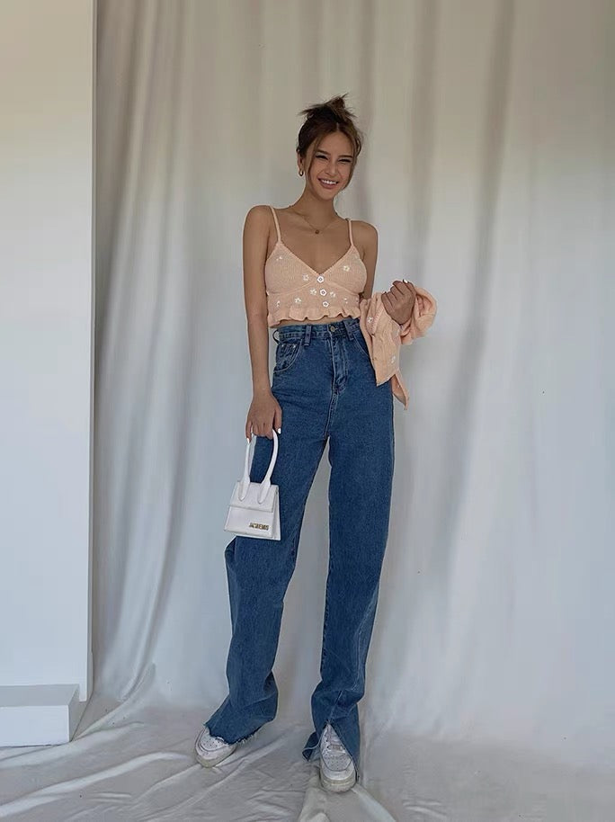 Autumn new style asymmetrical front and rear trousers slit high waist jeans women are thin straight loose mopping trousers women