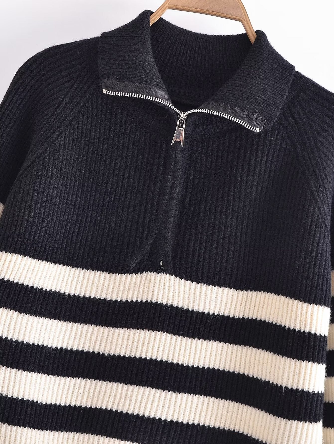 KASLEAD new women's clothing European and American style design sense niche half zipper striped sweater loose knitwear