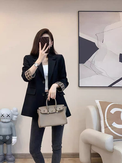 2022 autumn and winter new French Hepburn style suit top women's high-end fashion casual black flip-sleeve suit jacket