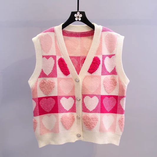 Love color matching knitted vest cardigan women's spring 2022 new loose outer wear age-reducing V-neck vest jacket