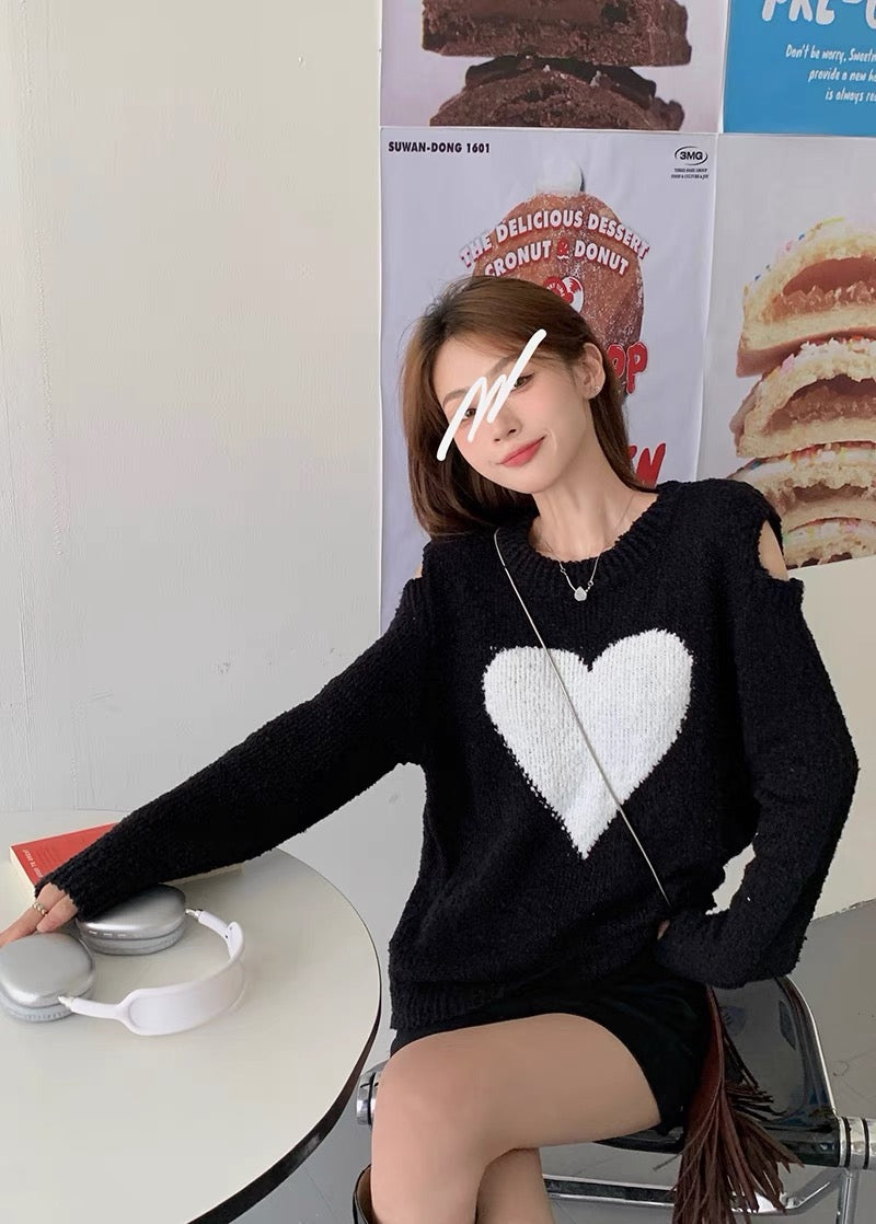 2022 early autumn new Korean style temperament color matching love round neck loose all-match off-the-shoulder long-sleeved pullover sweater women