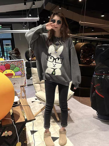 Loose and lazy style gray rabbit sweater plus velvet women's autumn and winter 2022 new European goods niche design top trend