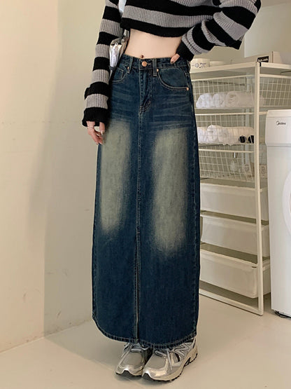 Triangle Wardrobe High Waist Skirt Female Spring New Retro Grinding White Denim Skirt Knee Slit A Word Package Hip Skirt