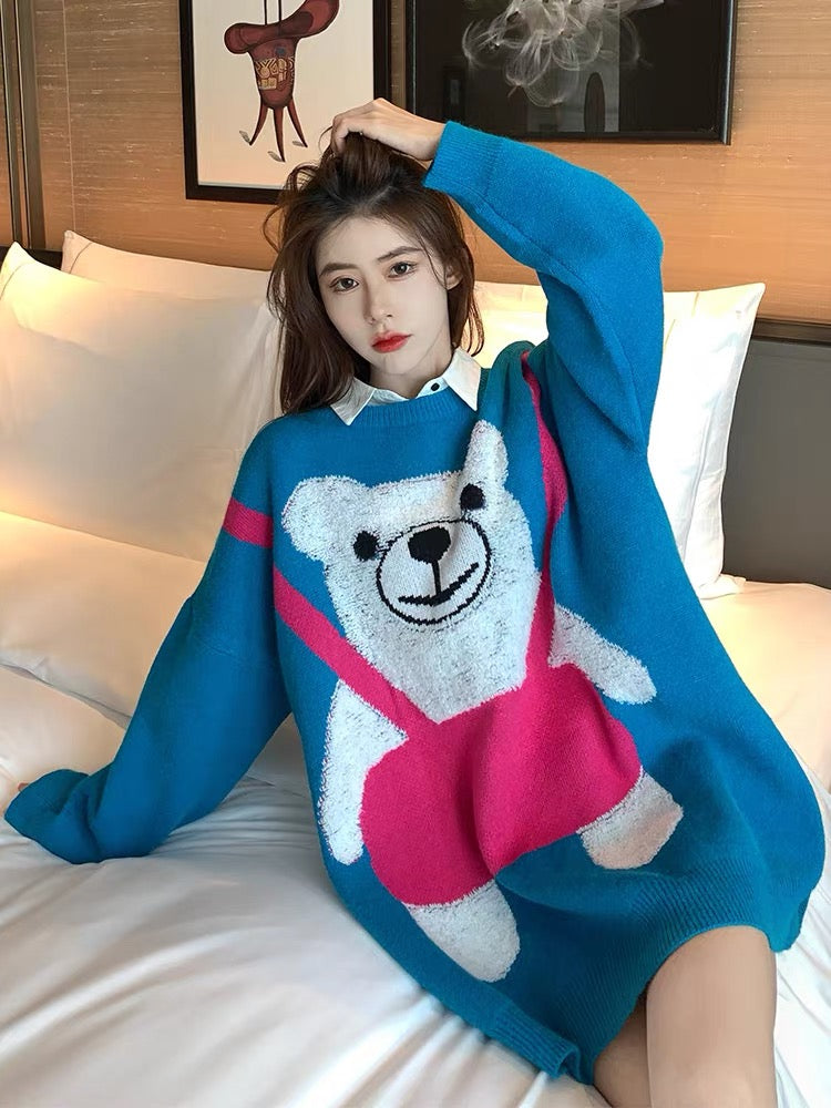 Cute bear blue sweater women's loose Korean style fashion age-reducing outer wear pullover mid-length autumn and winter