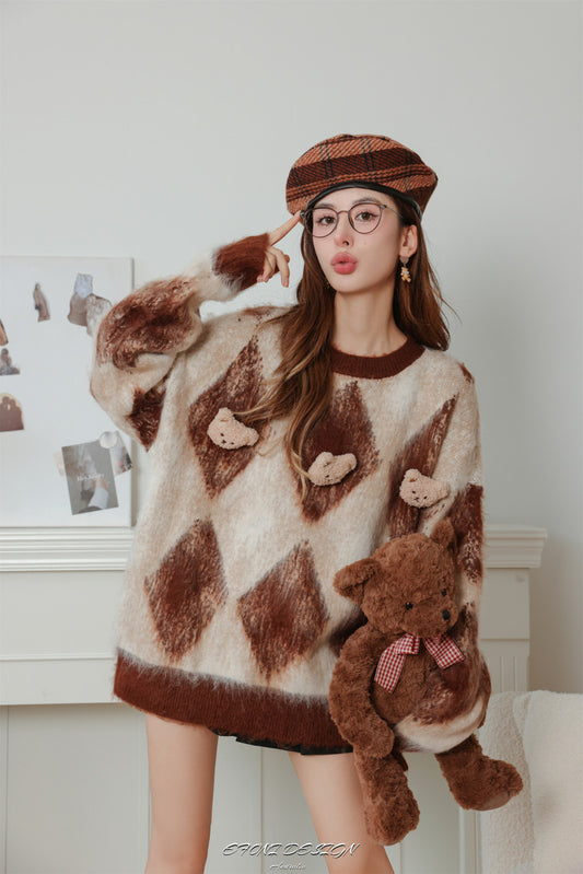 EFONI officially authorized three-dimensional bear brown rhombic mohair sweater women's winter soft waxy loose knitted sweater