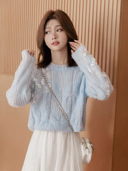 Small grain round neck knitted sweater women's 2022 autumn new loose and thin design sense niche top ins trend