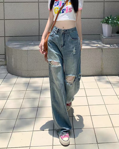 Kumi Kumi retro washed ripped pants loose jeans women summer high waist wide leg mopping pants long pants tide 2845