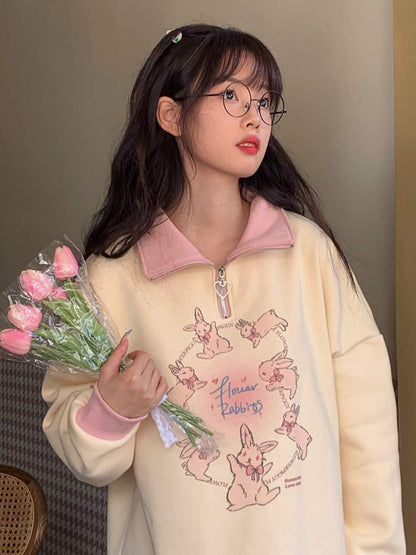 Huazhu Store [Sweet Rabbit] Japanese Milky Yellow Bunny Color Matching Polo Collar Sweater Loose Long-sleeved Printed Top