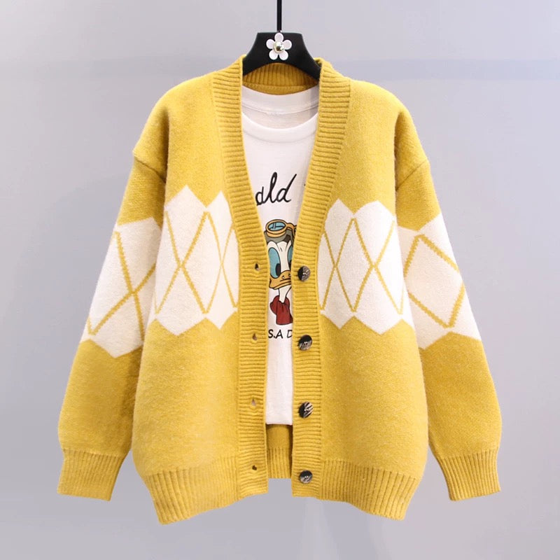 Contrast color rhombus sweater jacket women's autumn and winter 2022 new fashion loose and lazy style design sense knitted cardigan