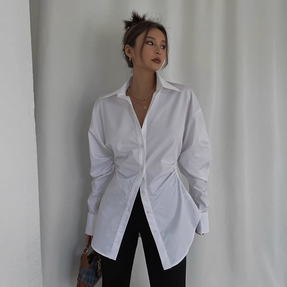 Homemade high-end custom absolutely absolutely cotton waist shirt 2021 long-sleeved white mid-length top autumn shirt