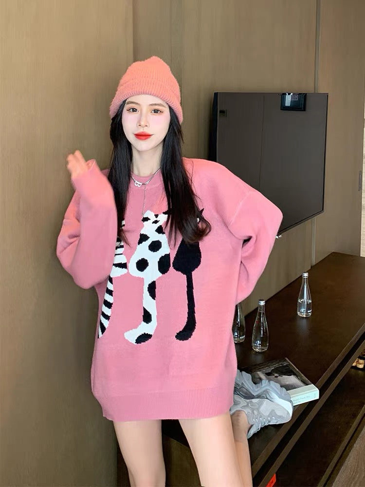 Pink milk fufu sweater women's loose pullover lazy style Korean style autumn and winter thickened medium and long outerwear knitted sweater