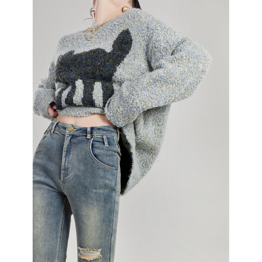 Sweater women's autumn and winter 2022 new hot style design kitten jacquard pullover round neck thickened Hong Kong style chic top