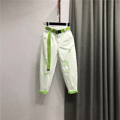 Candy contrast color harem pants nine points jeans 2022 autumn women's new loose ripped light green casual pants W145