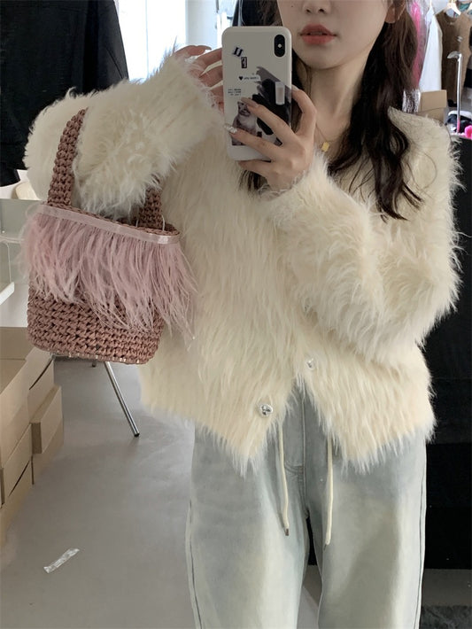 Short White Mink Velvet Cardigan Women's Spring Gentle Wind V-Neck Loose All-match Knitwear Jacket