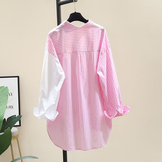 Stitching pink striped shirt women 2023 spring new Korean style design sense niche shirt sunscreen shirt thin coat