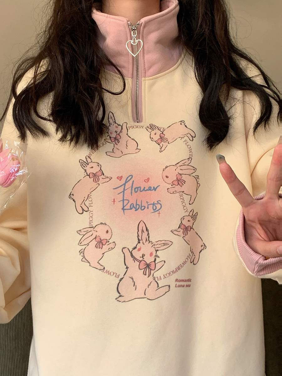 Huazhu Store [Sweet Rabbit] Japanese Milky Yellow Bunny Color Matching Polo Collar Sweater Loose Long-sleeved Printed Top